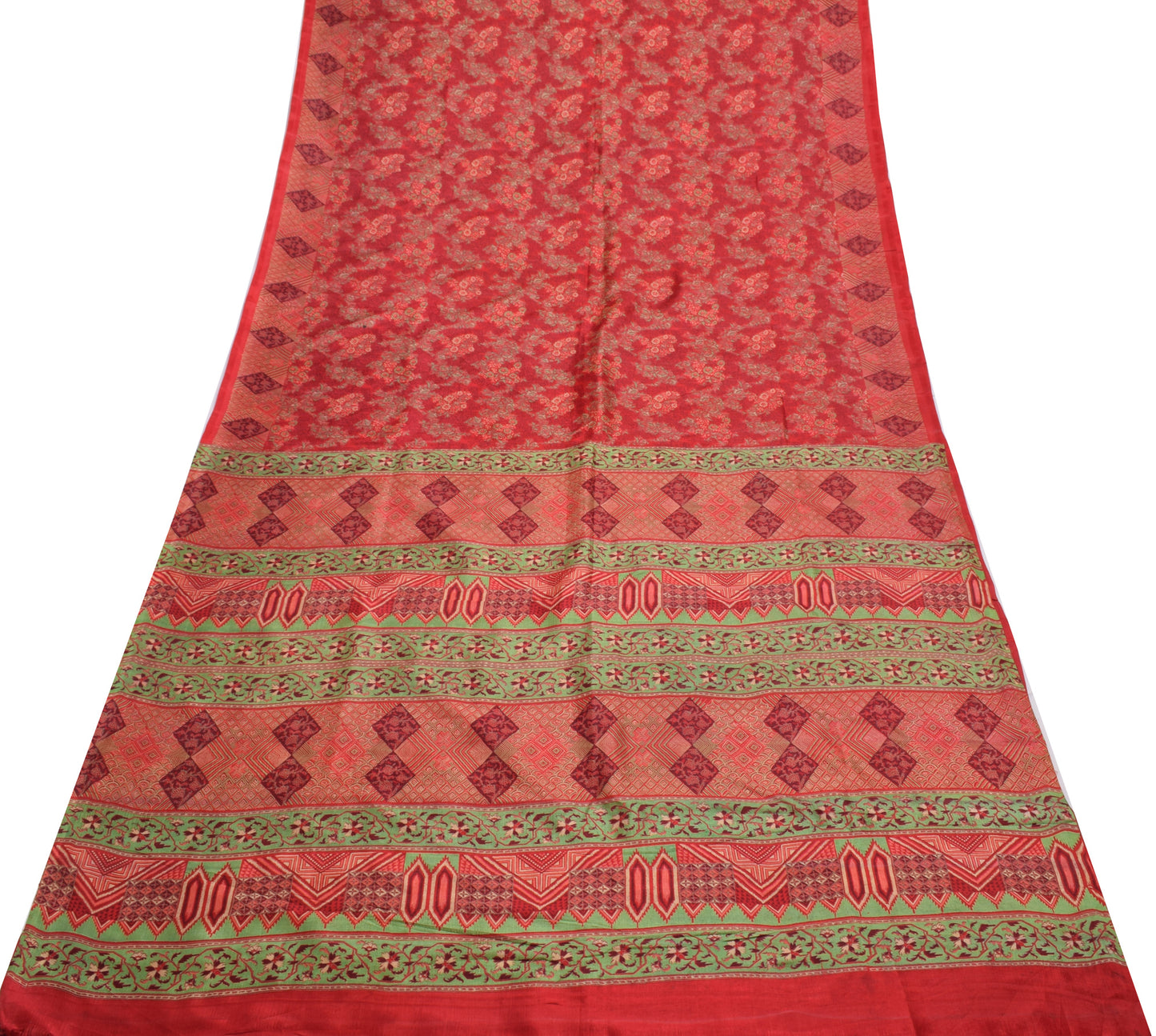Sushila Vintage Red Saree 100% Pure Silk Printed Floral 5 Yard Soft Craft Fabric