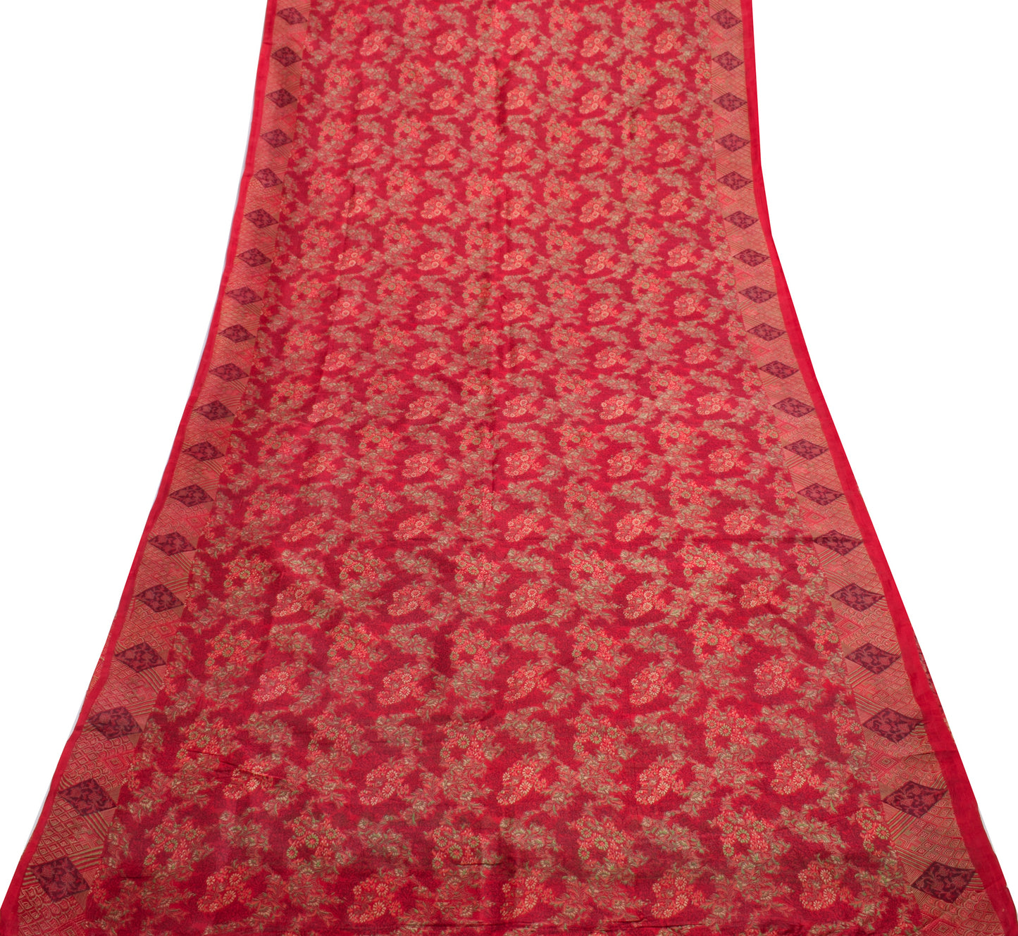 Sushila Vintage Red Saree 100% Pure Silk Printed Floral 5 Yard Soft Craft Fabric
