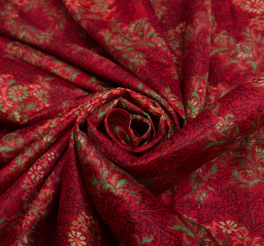 Sushila Vintage Red Saree 100% Pure Silk Printed Floral 5 Yard Soft Craft Fabric