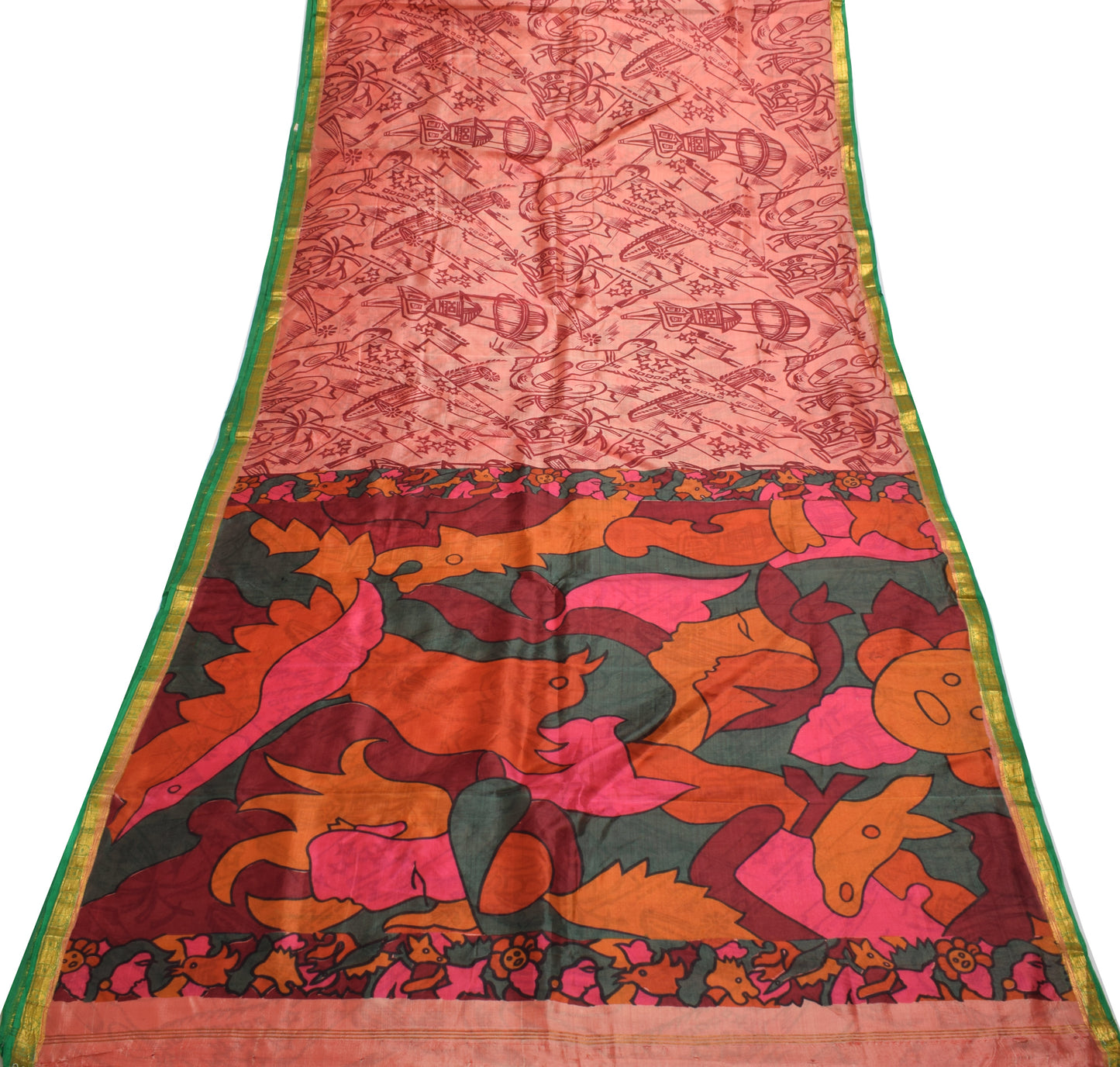 Sushila Vintage Peach Indian Saree 100% Pure Silk Printed Soft Craft Fabric