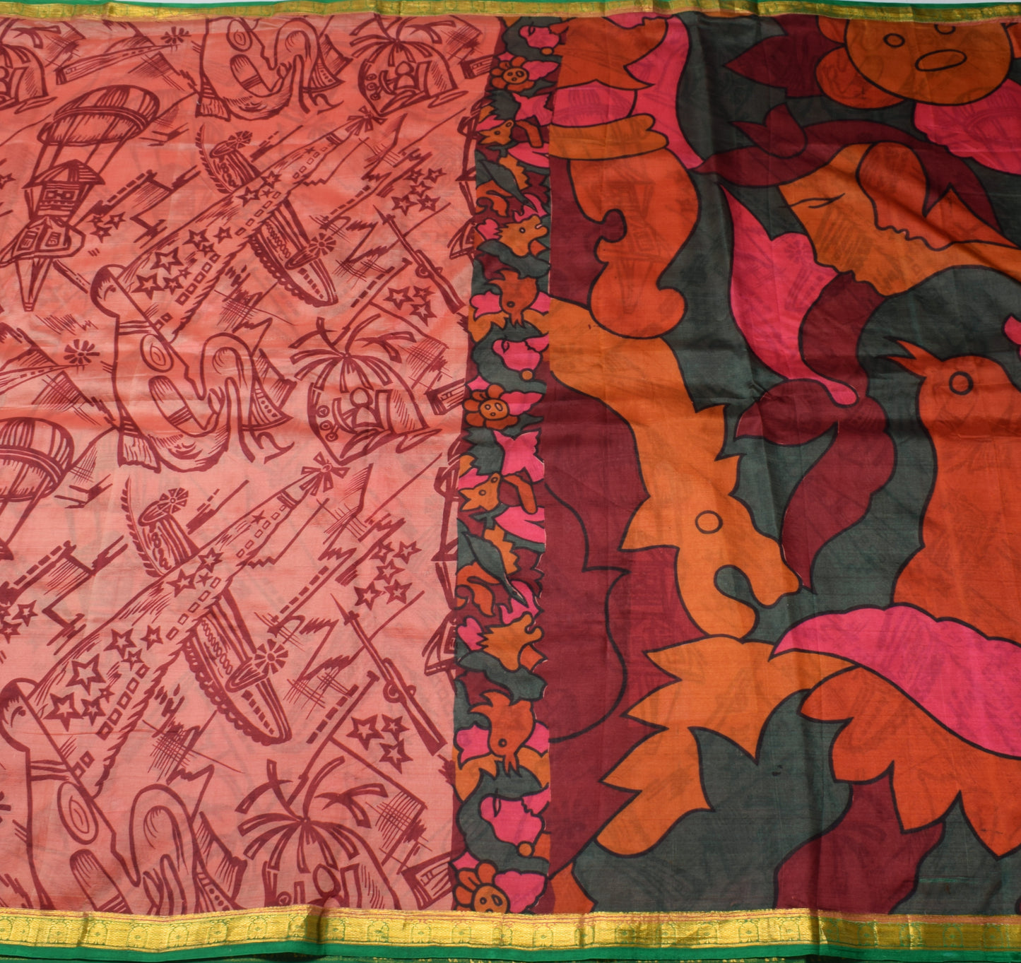 Sushila Vintage Peach Indian Saree 100% Pure Silk Printed Soft Craft Fabric
