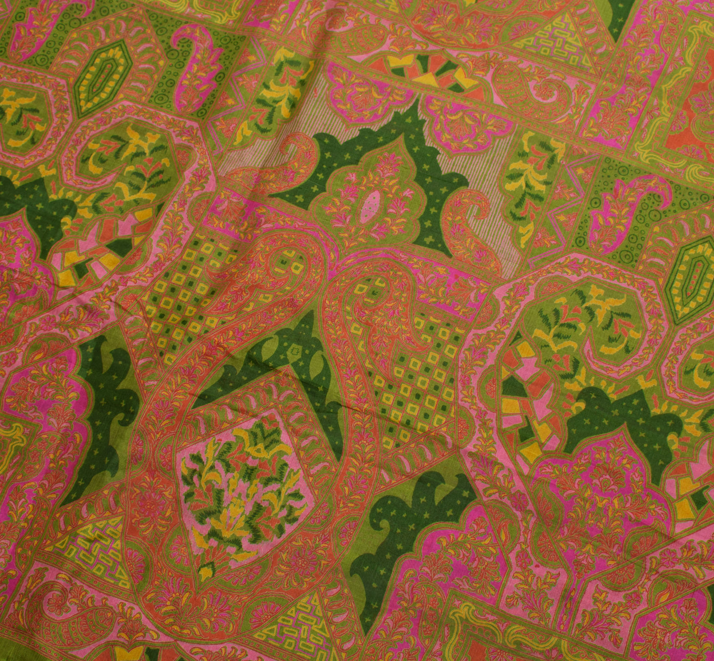 Sushila Vintage Green Saree 100% Pure Silk Printed Floral 5 YD Soft Craft Fabric