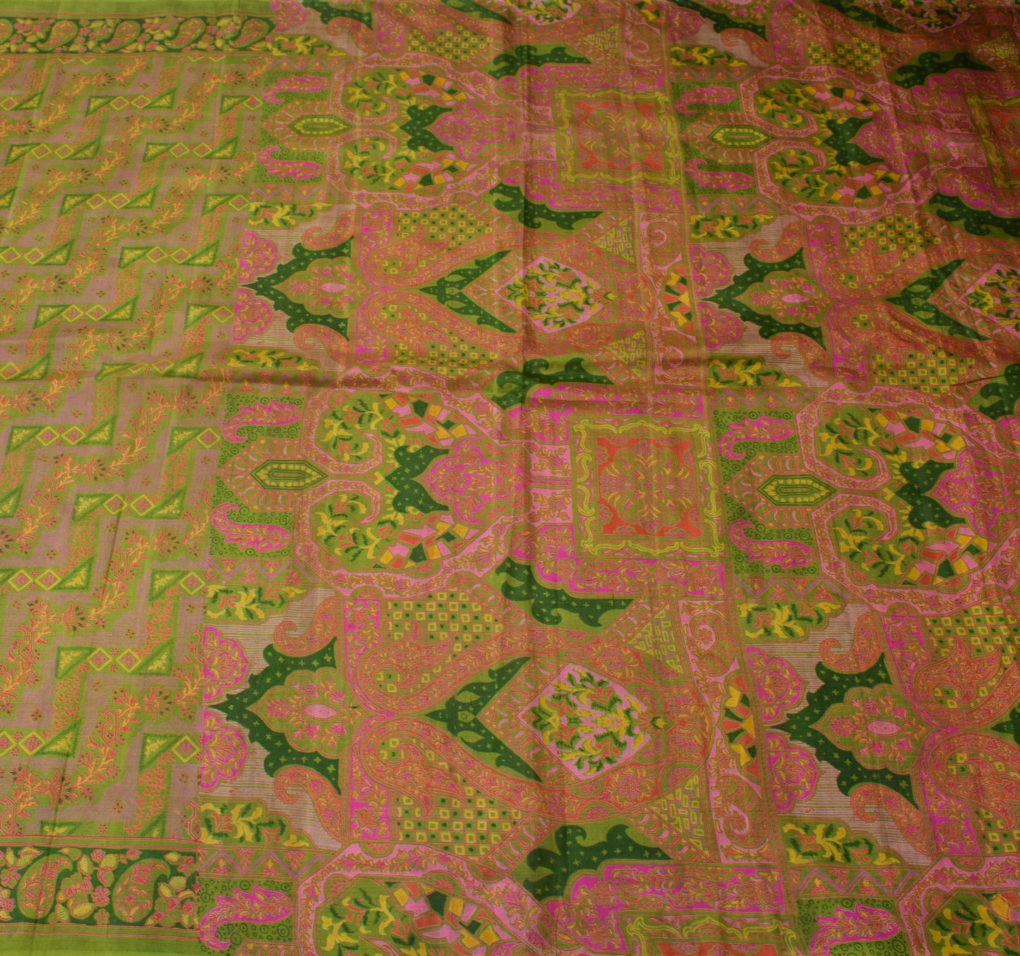 Sushila Vintage Green Saree 100% Pure Silk Printed Floral 5 YD Soft Craft Fabric