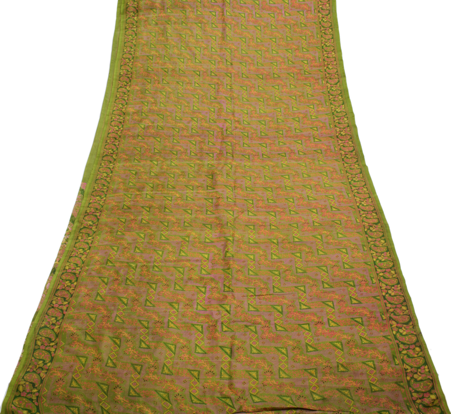 Sushila Vintage Green Saree 100% Pure Silk Printed Floral 5 YD Soft Craft Fabric