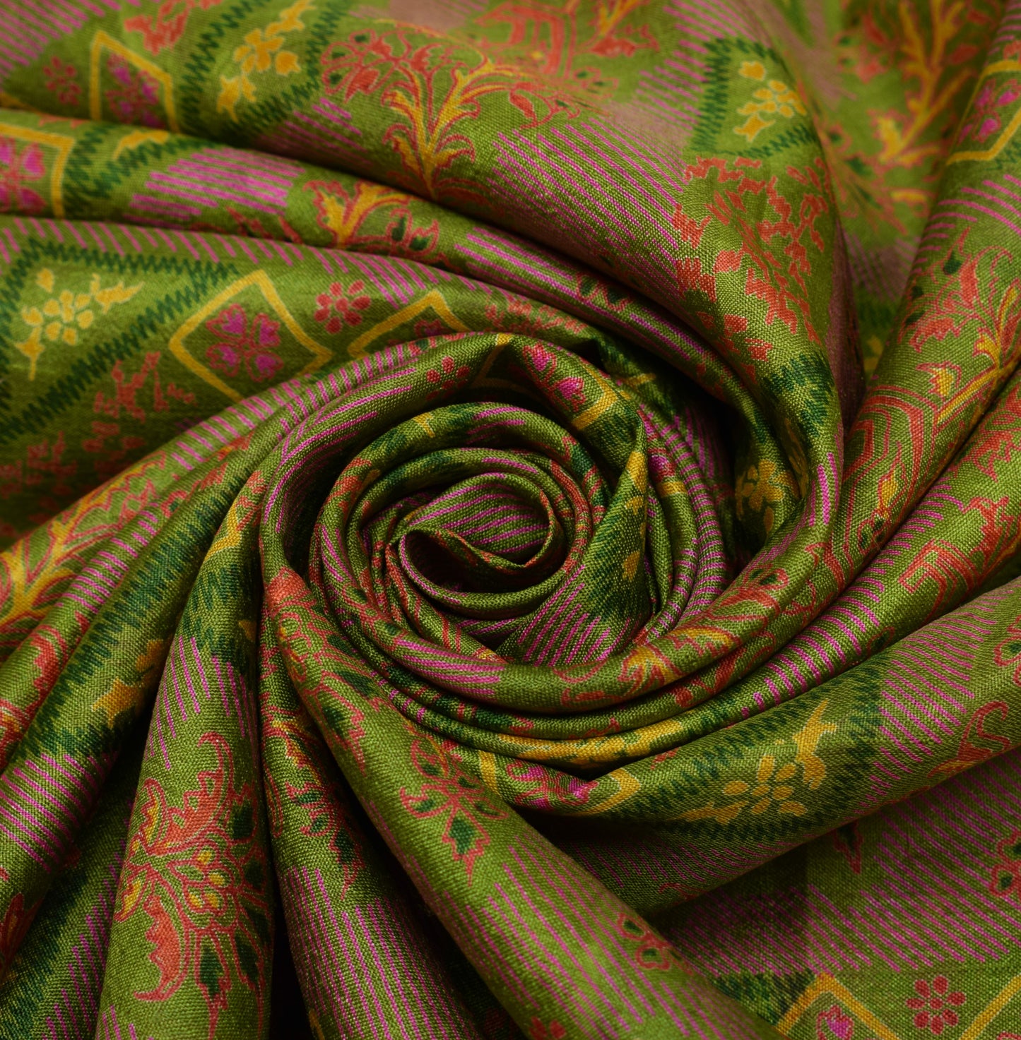 Sushila Vintage Green Saree 100% Pure Silk Printed Floral 5 YD Soft Craft Fabric