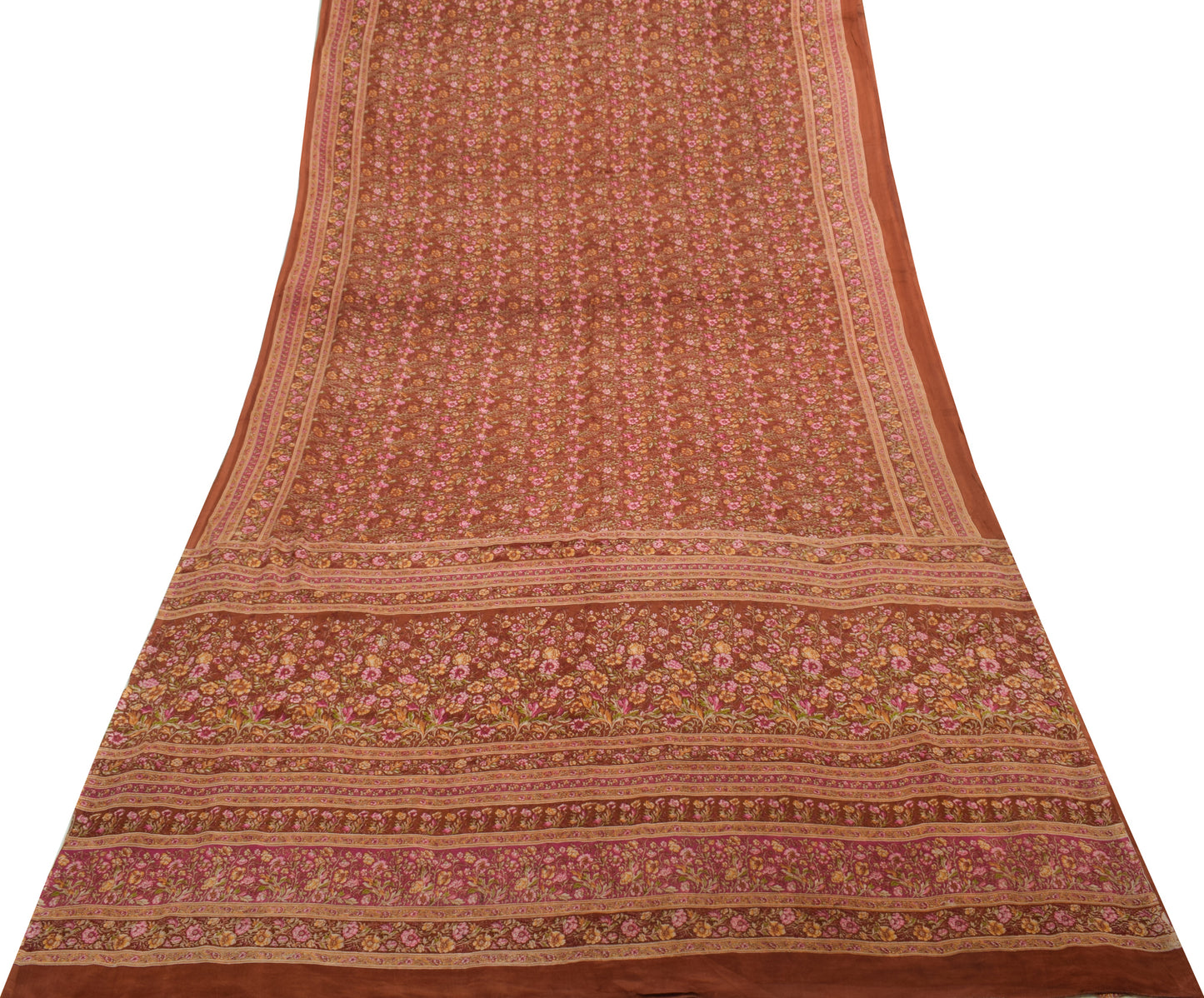 Sushila Vintage Brown Saree 100% Pure Silk Printed Floral 5 YD Soft Craft Fabric