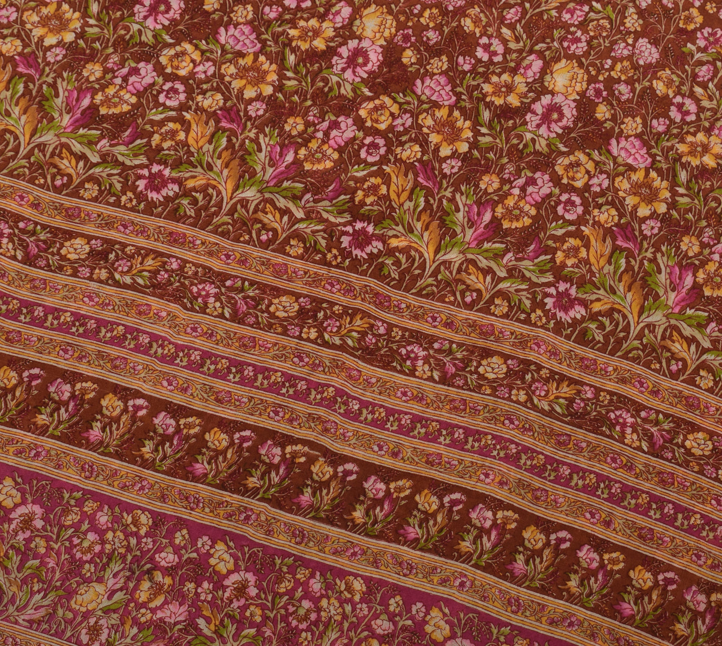 Sushila Vintage Brown Saree 100% Pure Silk Printed Floral 5 YD Soft Craft Fabric