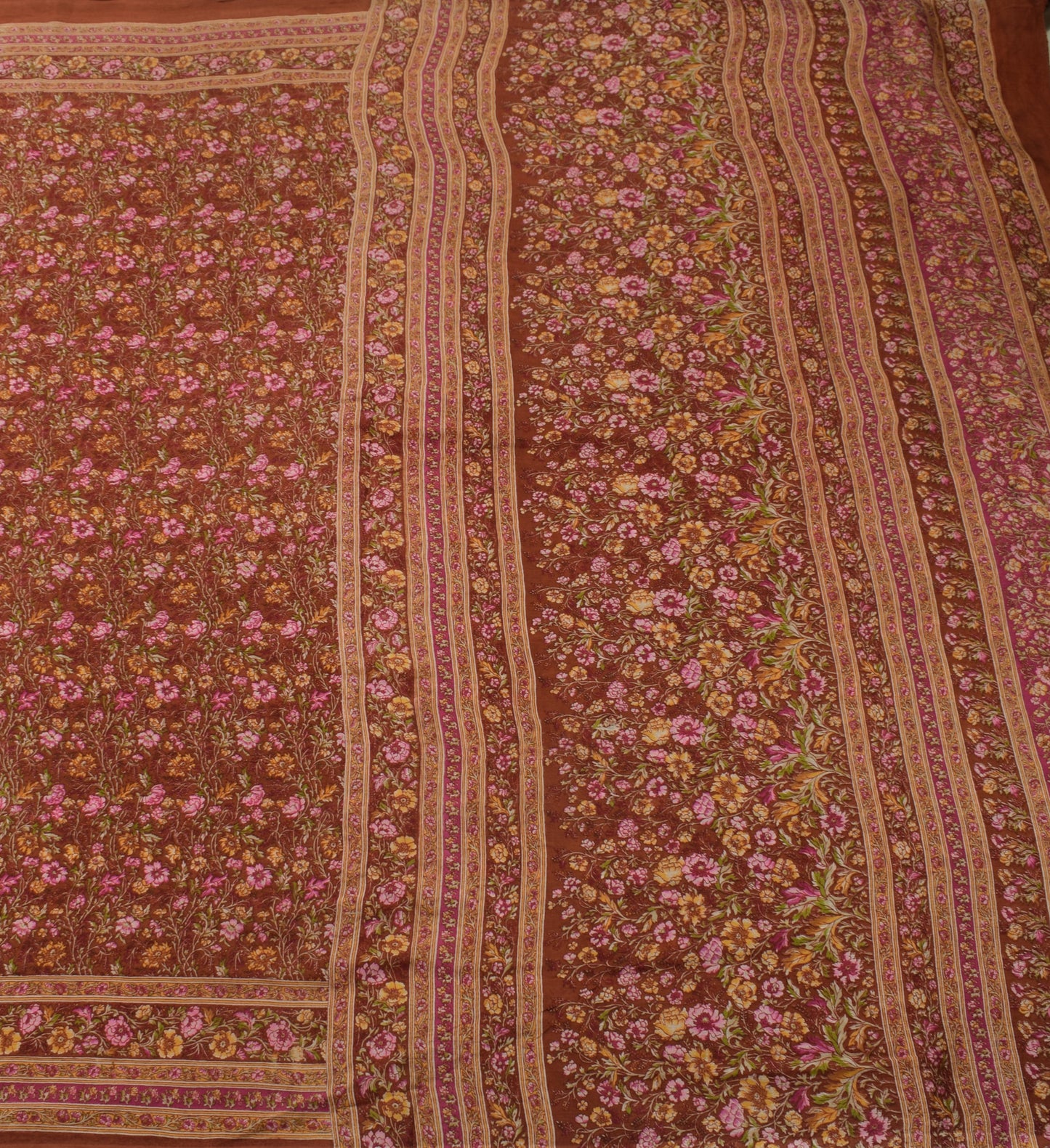 Sushila Vintage Brown Saree 100% Pure Silk Printed Floral 5 YD Soft Craft Fabric