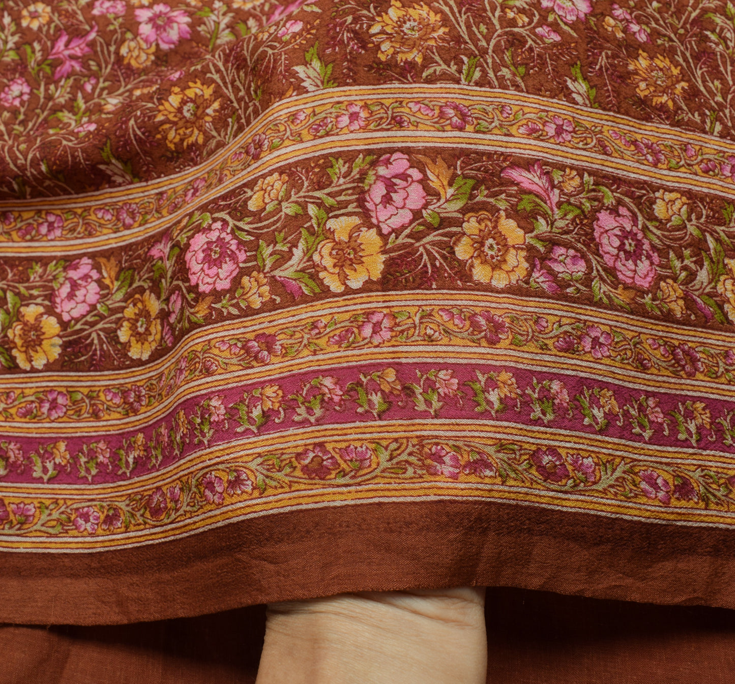 Sushila Vintage Brown Saree 100% Pure Silk Printed Floral 5 YD Soft Craft Fabric