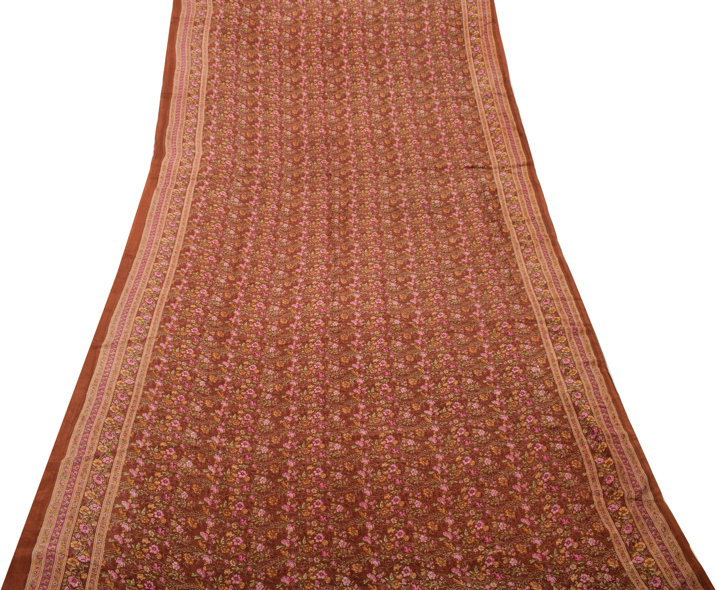 Sushila Vintage Brown Saree 100% Pure Silk Printed Floral 5 YD Soft Craft Fabric