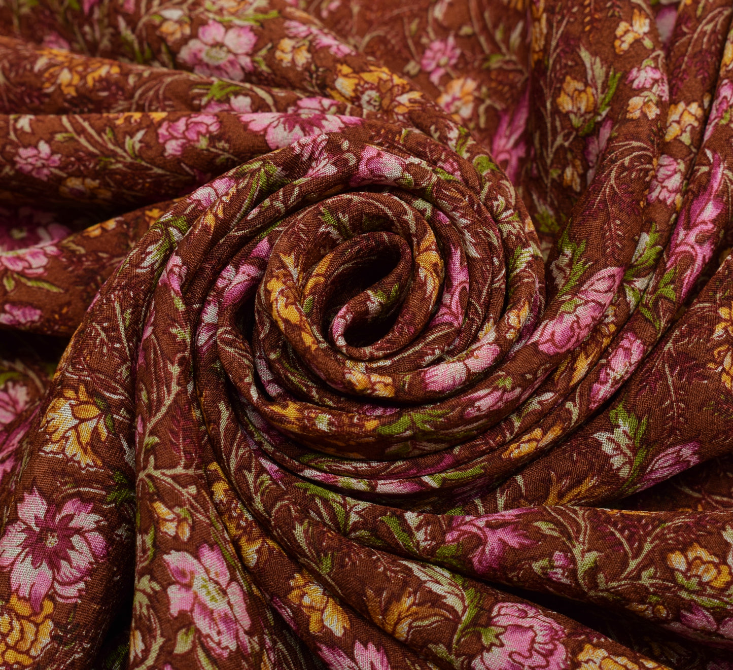 Sushila Vintage Brown Saree 100% Pure Silk Printed Floral 5 YD Soft Craft Fabric