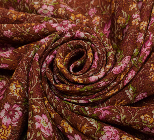 Sushila Vintage Brown Saree 100% Pure Silk Printed Floral 5 YD Soft Craft Fabric