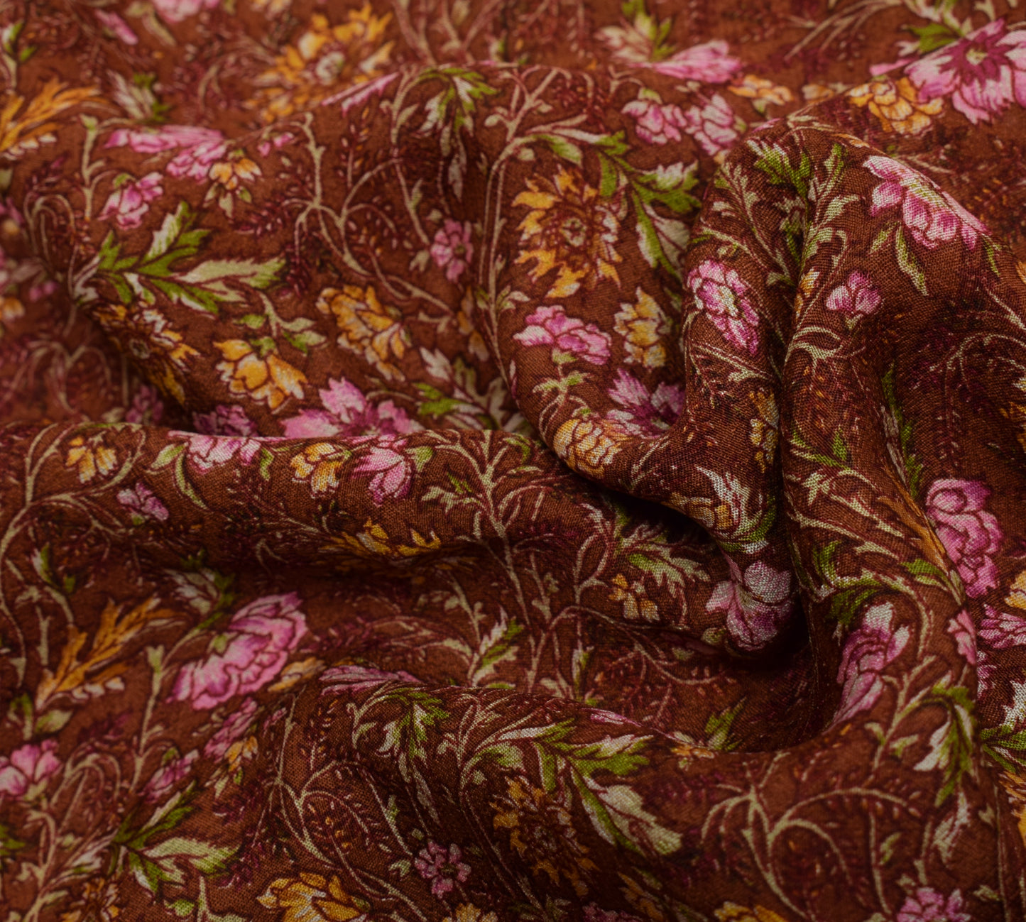 Sushila Vintage Brown Saree 100% Pure Silk Printed Floral 5 YD Soft Craft Fabric