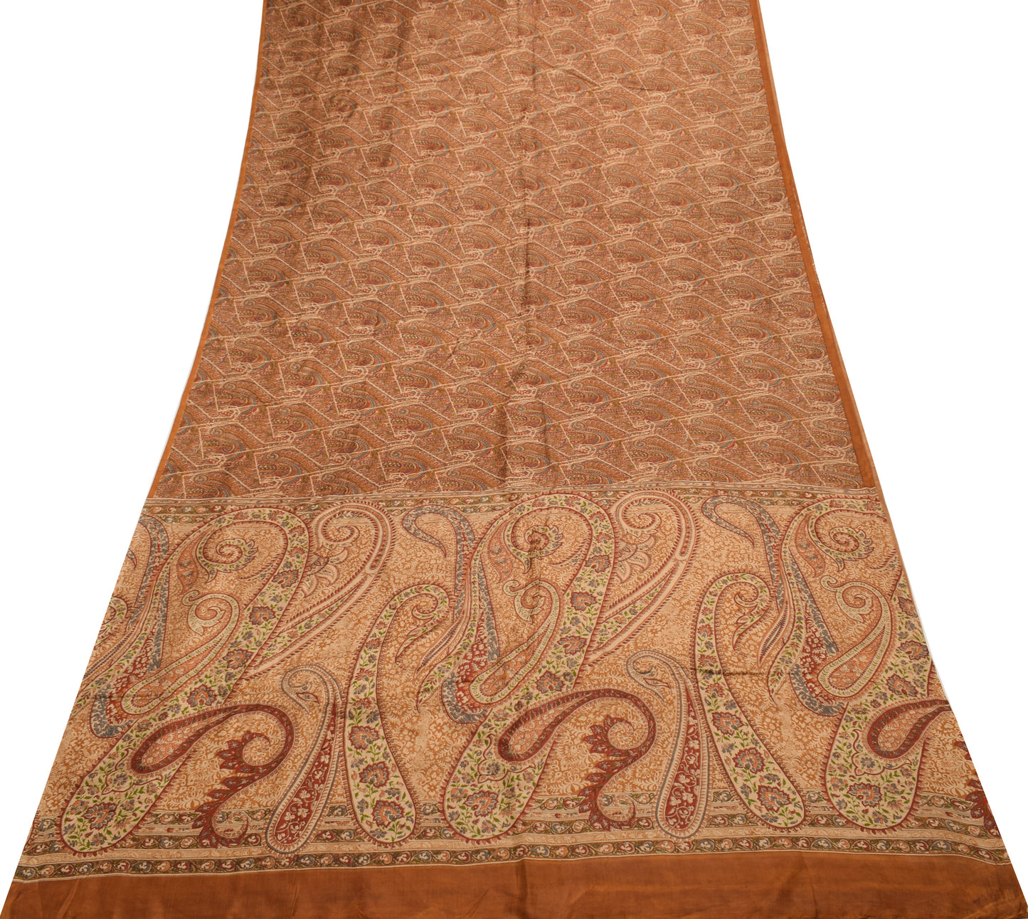 Sushila Vintage Brown Saree 100%Pure Silk Printed Paisley 5 YD Soft Craft Fabric