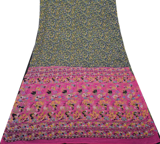 Sushila Vintage Black Indian Saree 100% Pure Silk Printed 5 YD Soft Craft Fabric