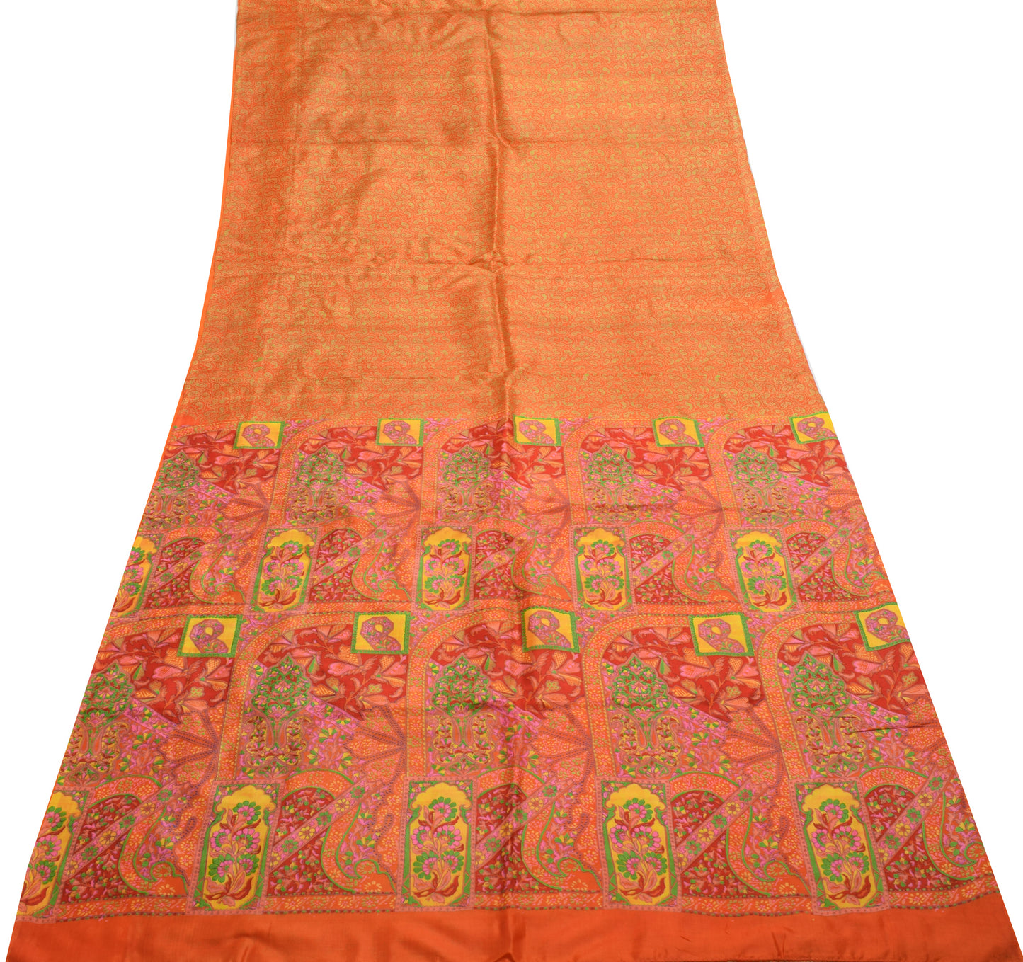 Sushila Vintage Orange Saree 100% Pure Silk Printed Paisley Soft Craft Fabric