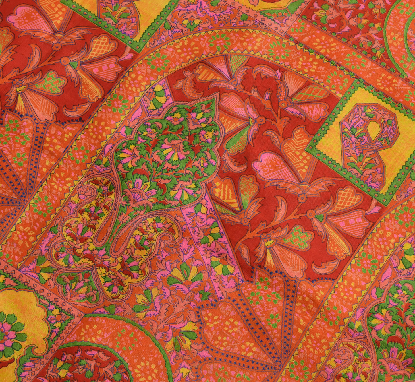Sushila Vintage Orange Saree 100% Pure Silk Printed Paisley Soft Craft Fabric