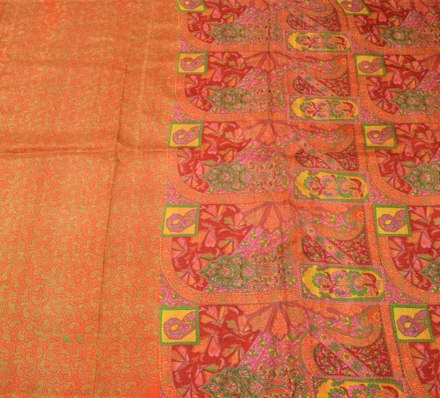 Sushila Vintage Orange Saree 100% Pure Silk Printed Paisley Soft Craft Fabric