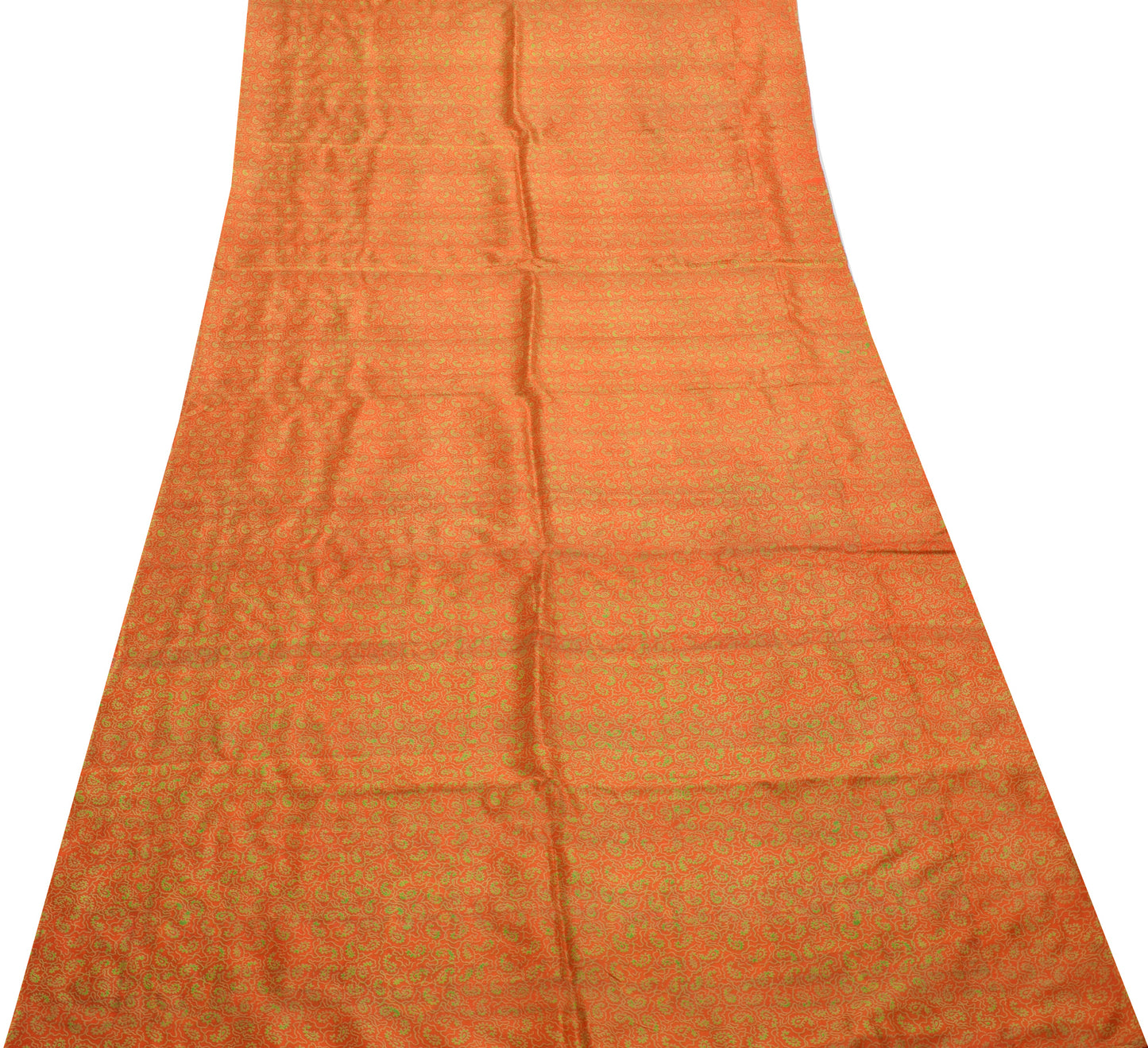 Sushila Vintage Orange Saree 100% Pure Silk Printed Paisley Soft Craft Fabric