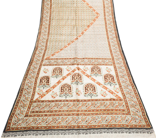 Sushila Vintage White Saree 100% Pure Silk Printed Floral 5 Yard  Craft Fabric