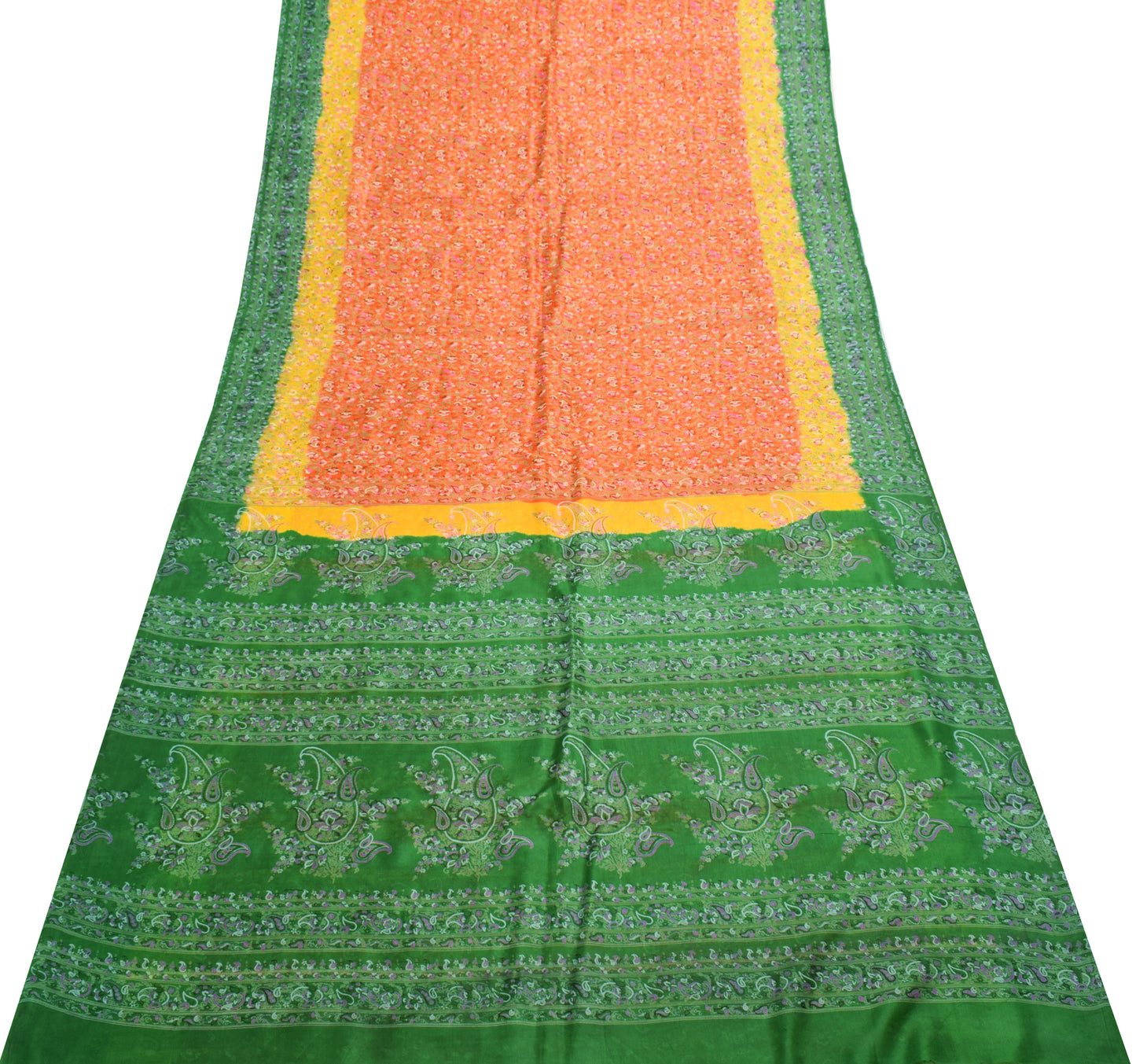 Sushila Vintage Orange Saree 100% Pure Silk Printed Paisley Soft Craft Fabric