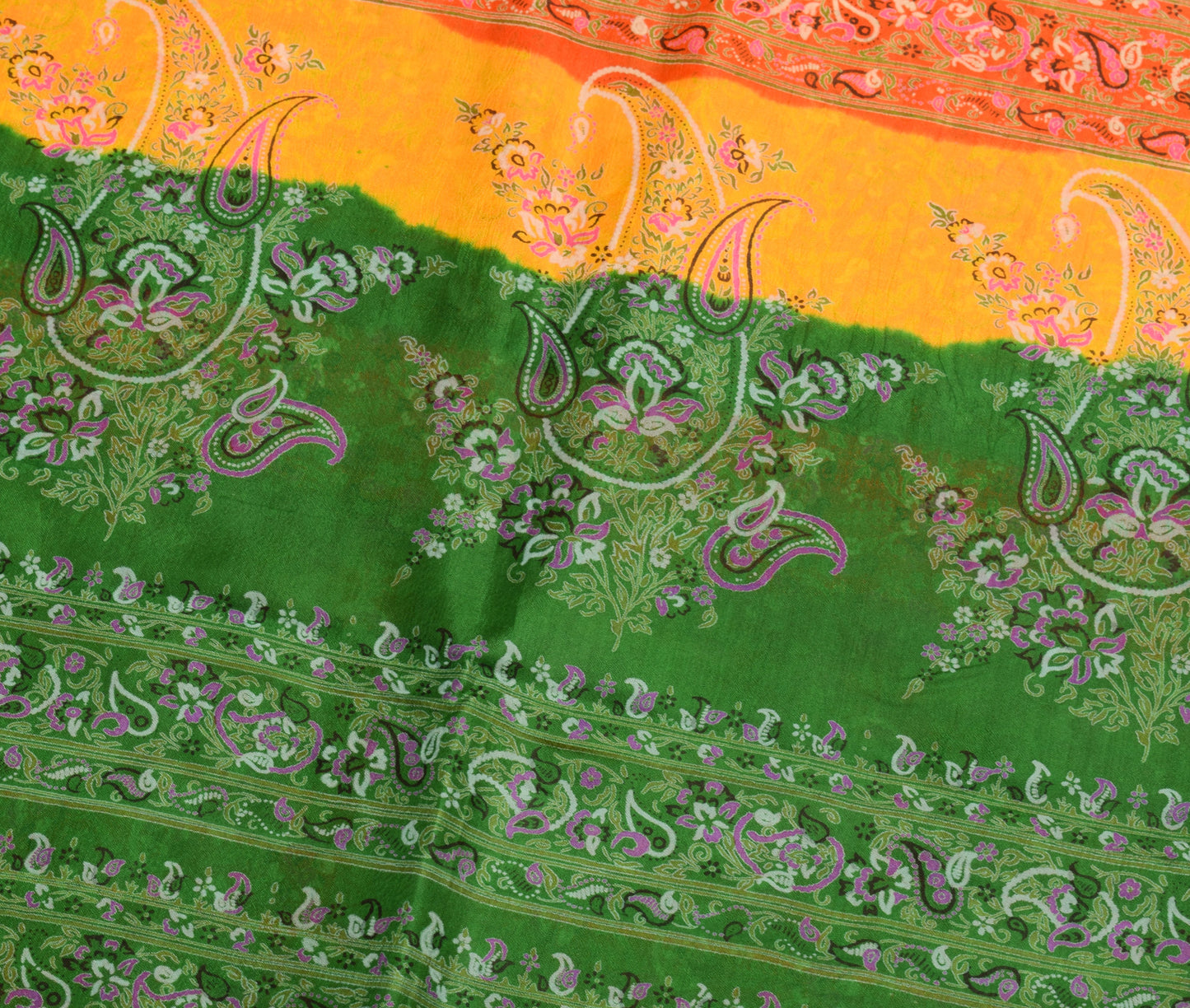 Sushila Vintage Orange Saree 100% Pure Silk Printed Paisley Soft Craft Fabric