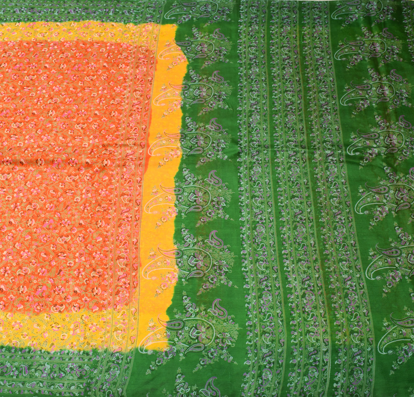 Sushila Vintage Orange Saree 100% Pure Silk Printed Paisley Soft Craft Fabric