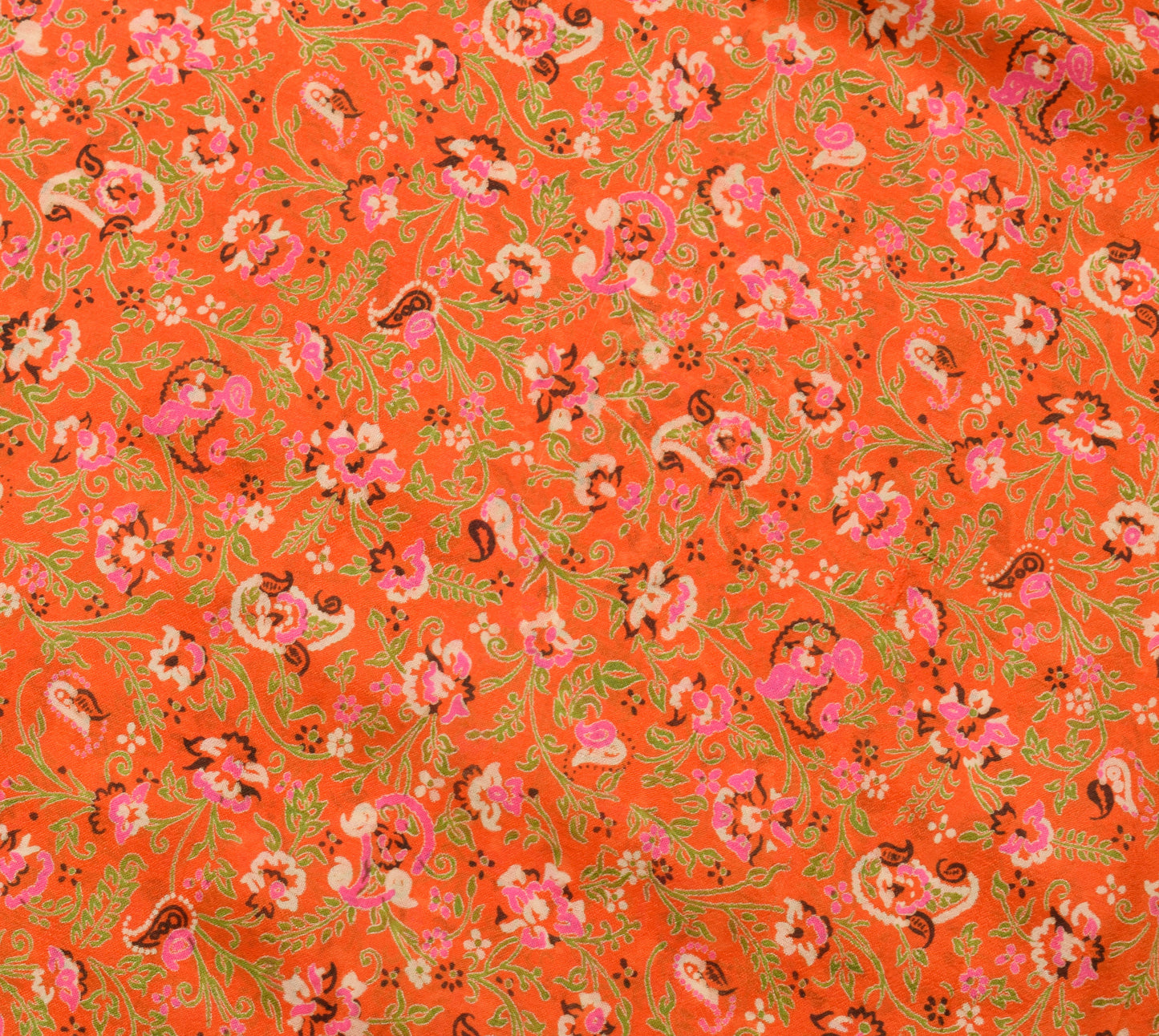 Sushila Vintage Orange Saree 100% Pure Silk Printed Paisley Soft Craft Fabric