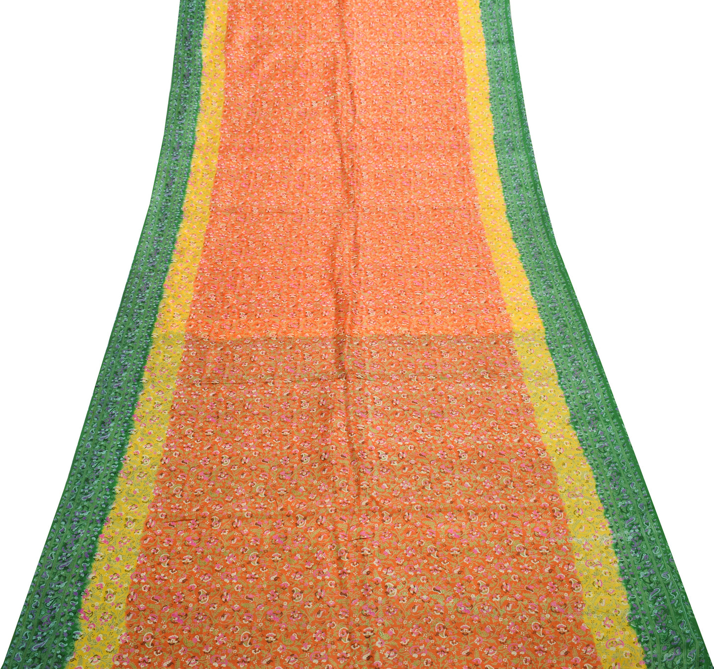 Sushila Vintage Orange Saree 100% Pure Silk Printed Paisley Soft Craft Fabric