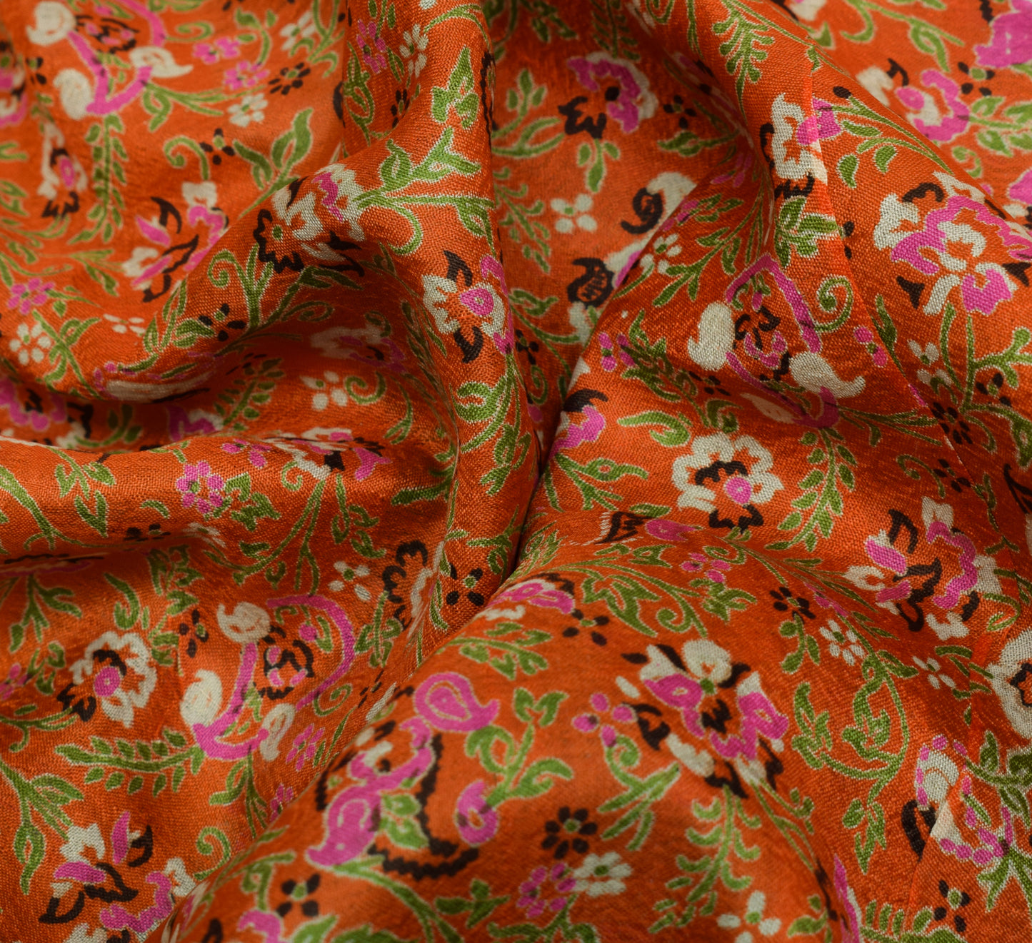 Sushila Vintage Orange Saree 100% Pure Silk Printed Paisley Soft Craft Fabric