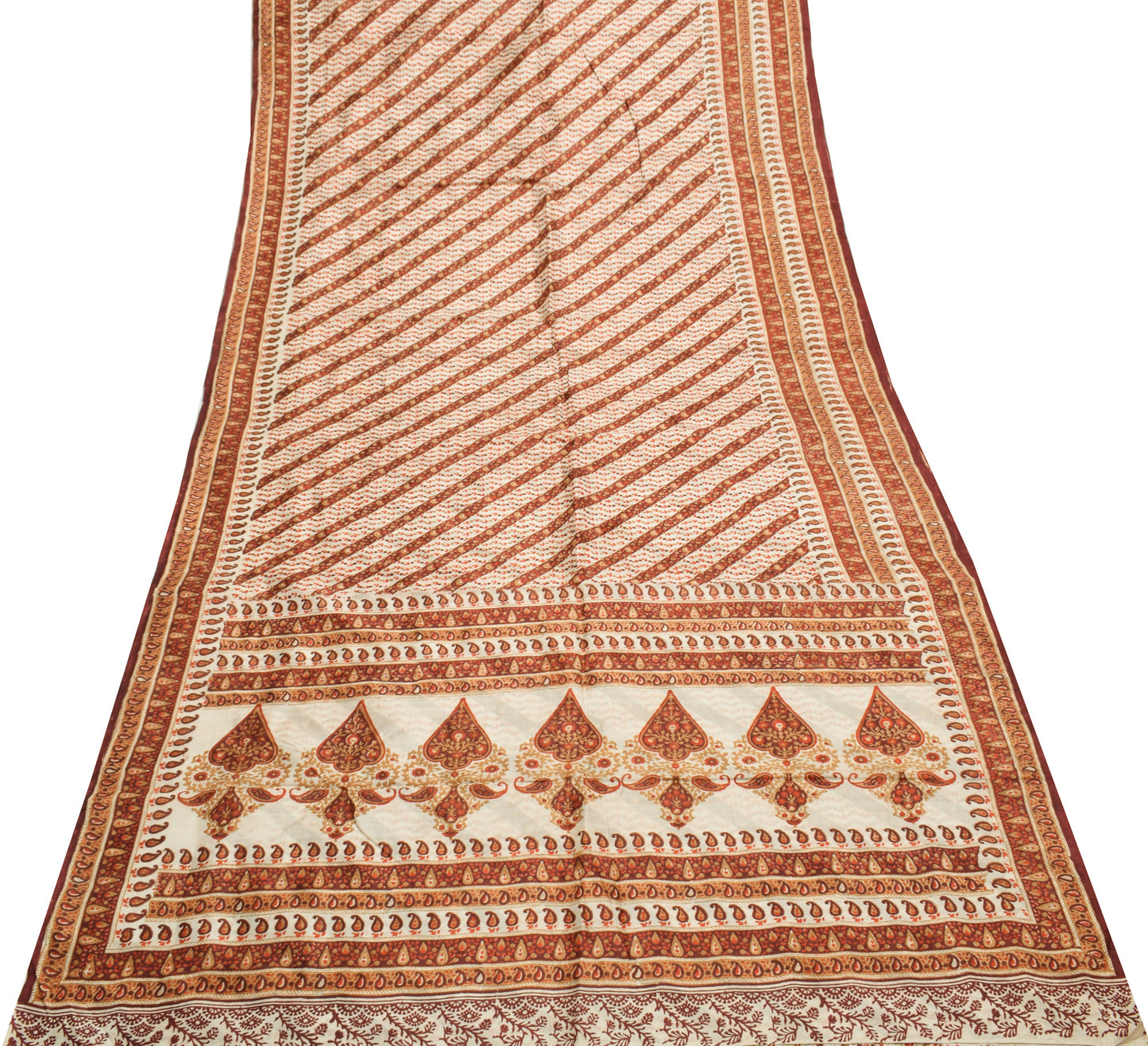 Sushila Vintage Cream Saree 100% Pure Silk Printed Floral 5 Yard Craft Fabric