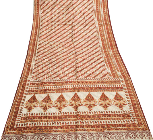 Sushila Vintage Cream Saree 100% Pure Silk Printed Floral 5 Yard Craft Fabric