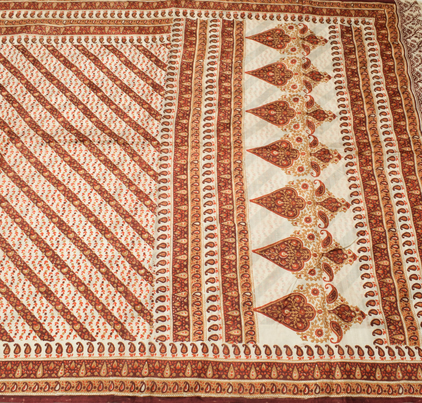 Sushila Vintage Cream Saree 100% Pure Silk Printed Floral 5 Yard Craft Fabric