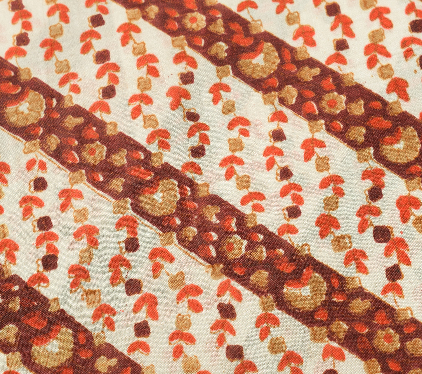 Sushila Vintage Cream Saree 100% Pure Silk Printed Floral 5 Yard Craft Fabric