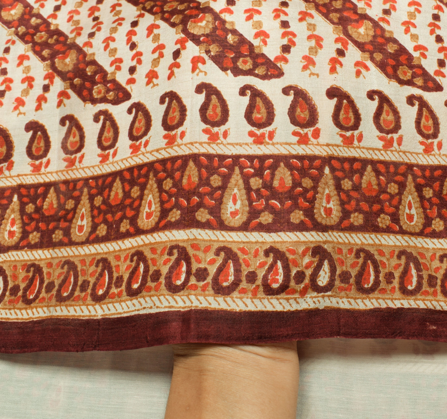 Sushila Vintage Cream Saree 100% Pure Silk Printed Floral 5 Yard Craft Fabric