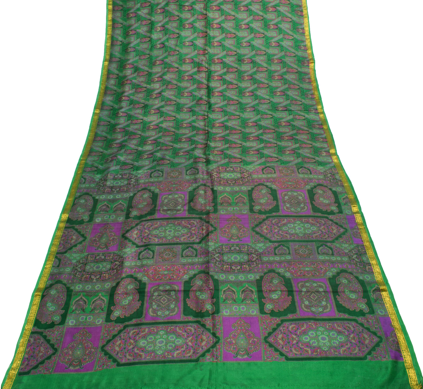 Sushila Vintage Green Saree 100% Pure Silk Printed Floral Soft Craft Fabric