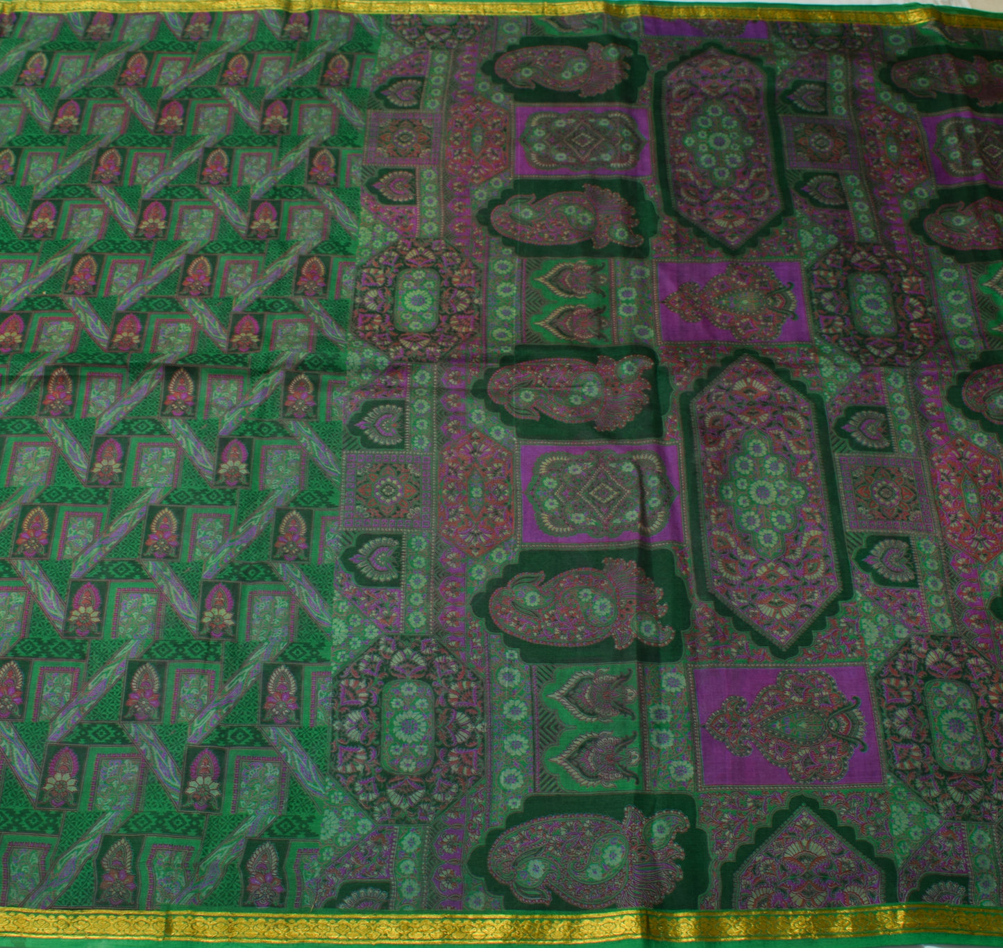 Sushila Vintage Green Saree 100% Pure Silk Printed Floral Soft Craft Fabric