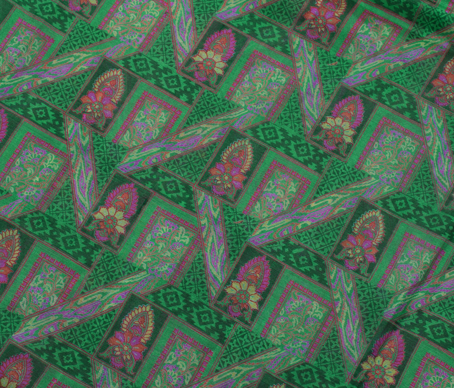 Sushila Vintage Green Saree 100% Pure Silk Printed Floral Soft Craft Fabric