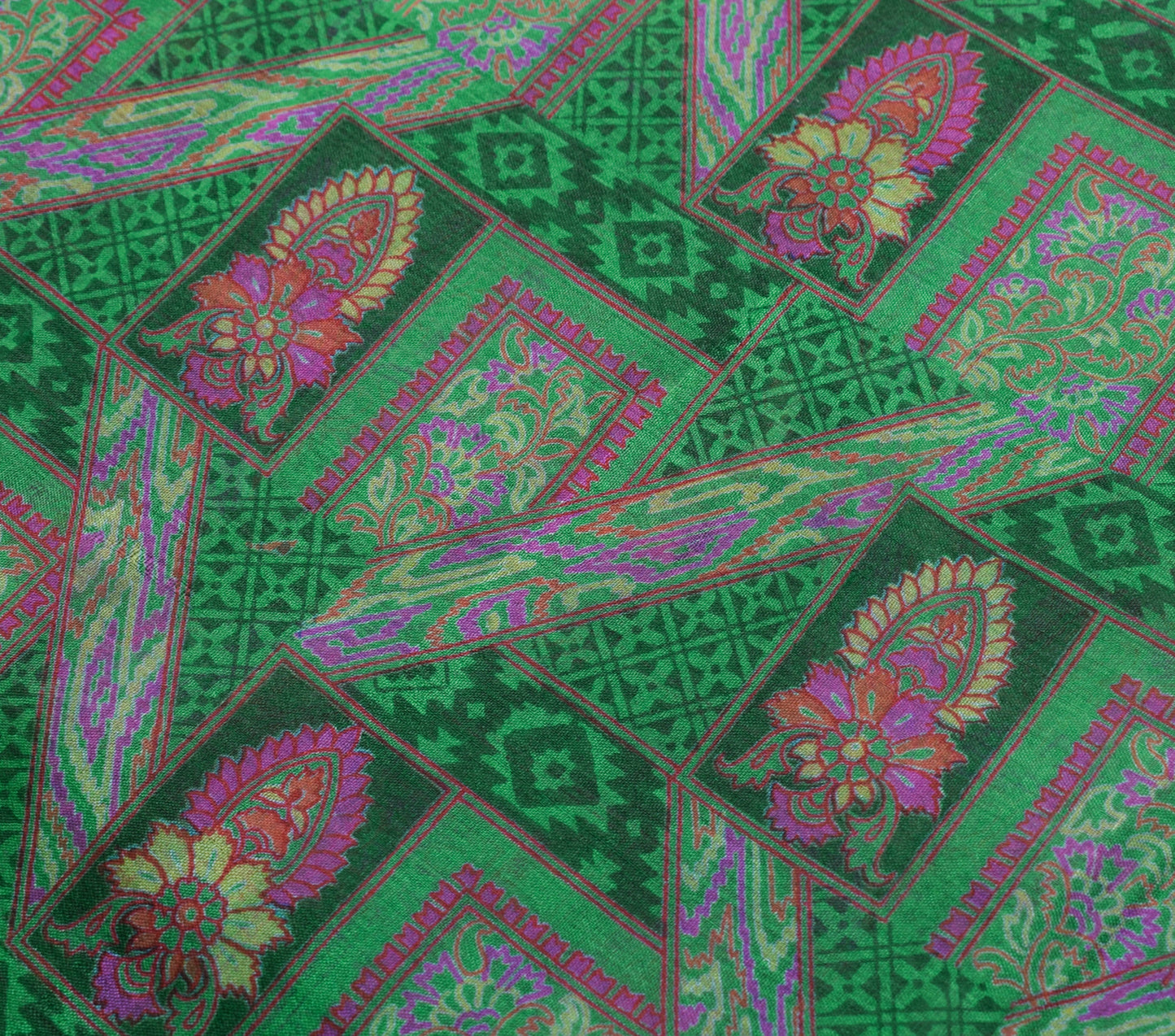 Sushila Vintage Green Saree 100% Pure Silk Printed Floral Soft Craft Fabric