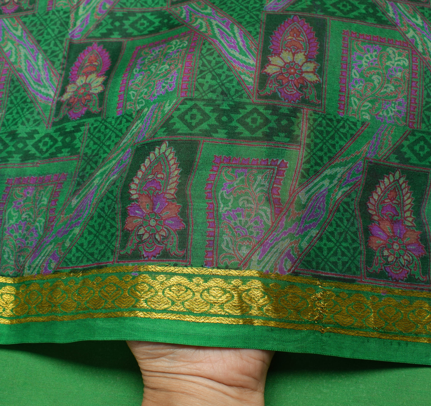 Sushila Vintage Green Saree 100% Pure Silk Printed Floral Soft Craft Fabric