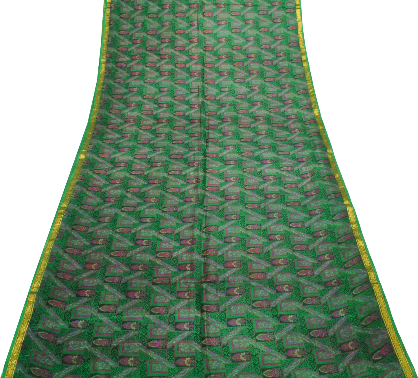Sushila Vintage Green Saree 100% Pure Silk Printed Floral Soft Craft Fabric