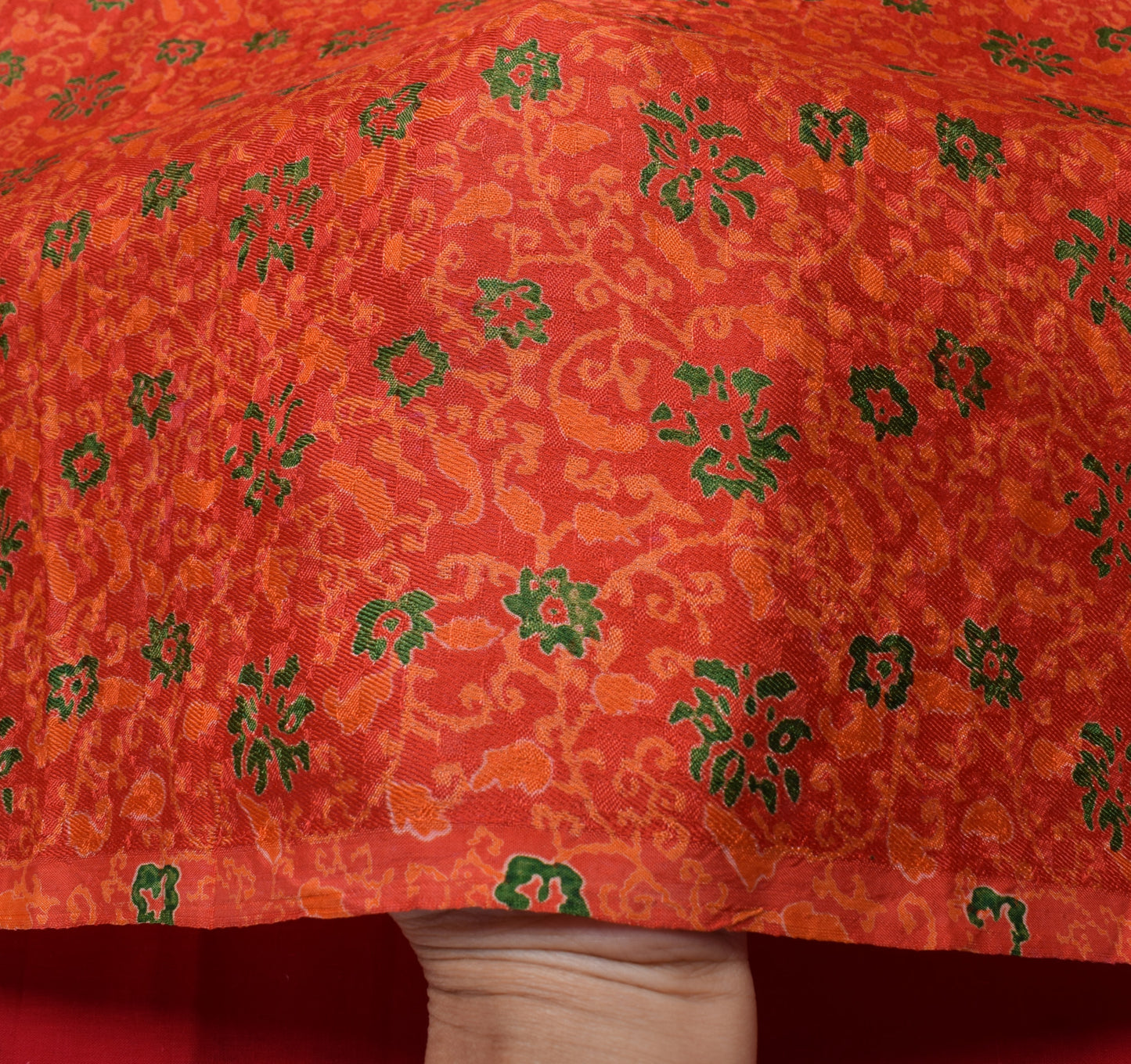 Sushila Vintage Dark Orange Saree 100%Pure Silk Printed Floral Soft Craft Fabric