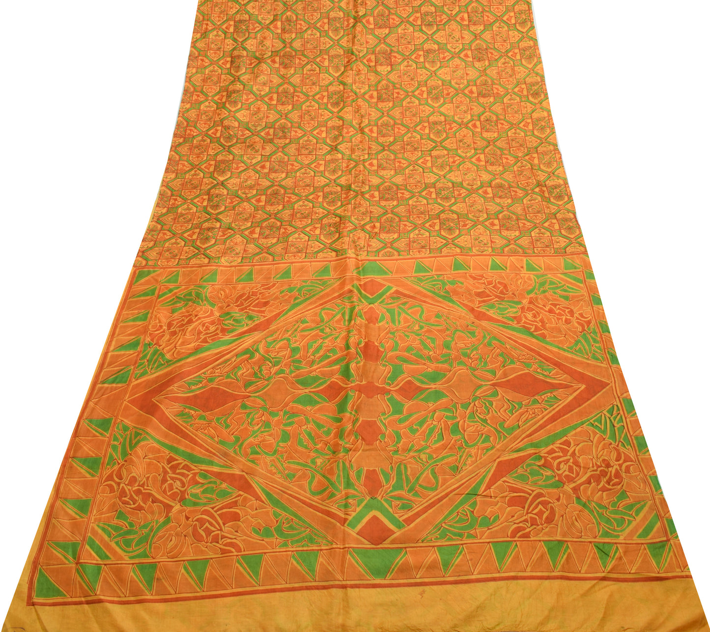 Sushila Vintage Bright Orange Saree 100% Pure Silk Printed Soft Craft Fabric