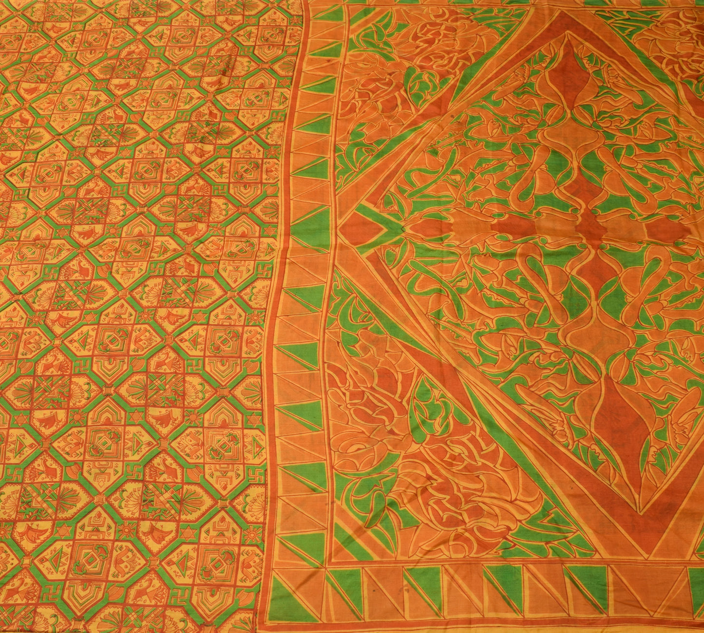 Sushila Vintage Bright Orange Saree 100% Pure Silk Printed Soft Craft Fabric
