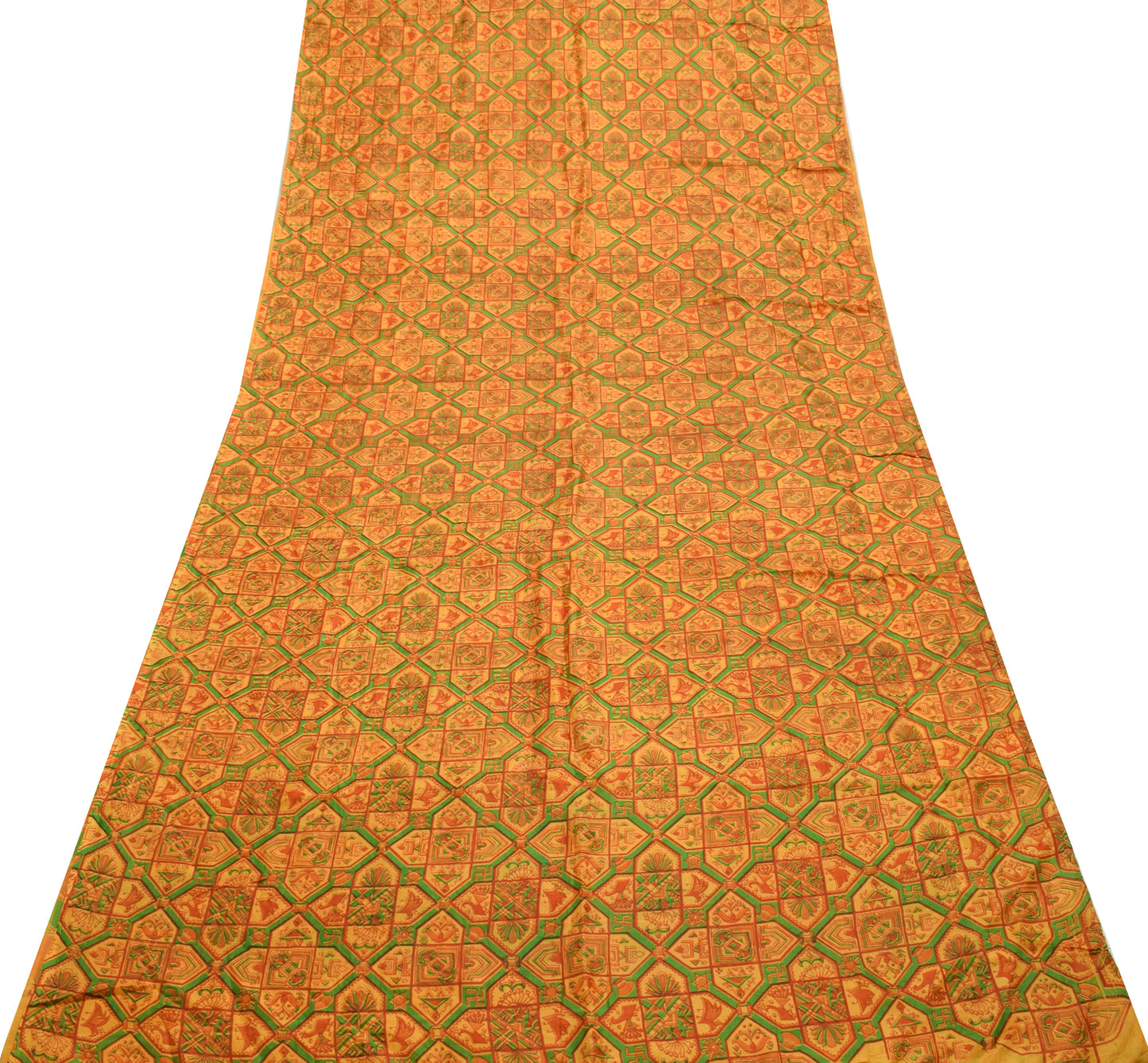 Sushila Vintage Bright Orange Saree 100% Pure Silk Printed Soft Craft Fabric