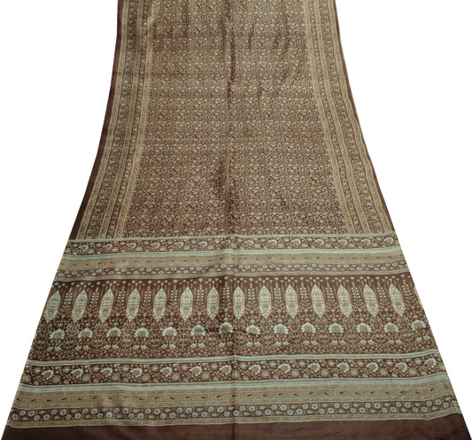 Sushila Vintage Dark Brown Indian Saree 100% Pure Silk Printed 5 YD Craft Fabric
