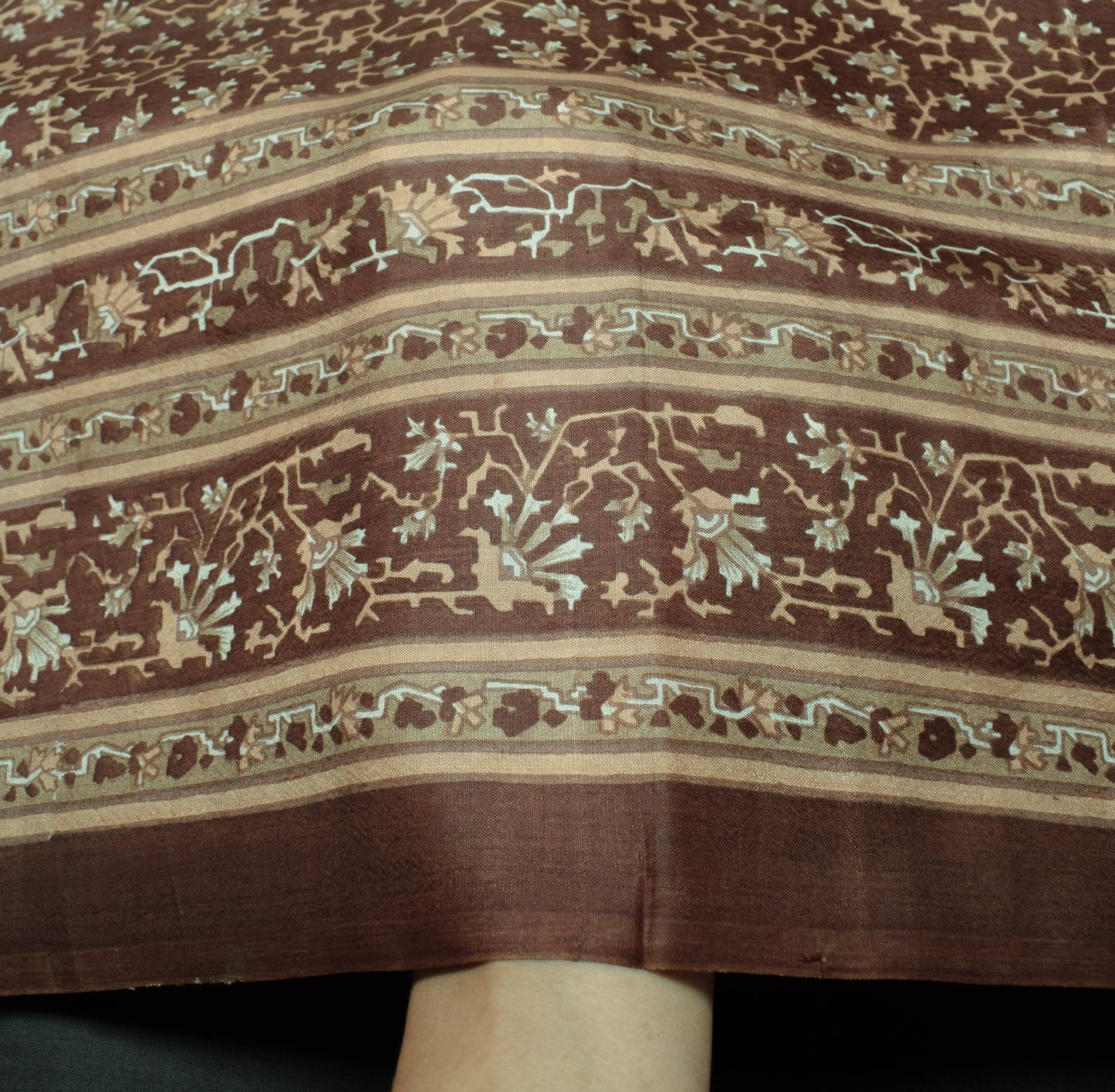 Sushila Vintage Dark Brown Indian Saree 100% Pure Silk Printed 5 YD Craft Fabric