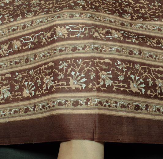 Sushila Vintage Dark Brown Indian Saree 100% Pure Silk Printed 5 YD Craft Fabric