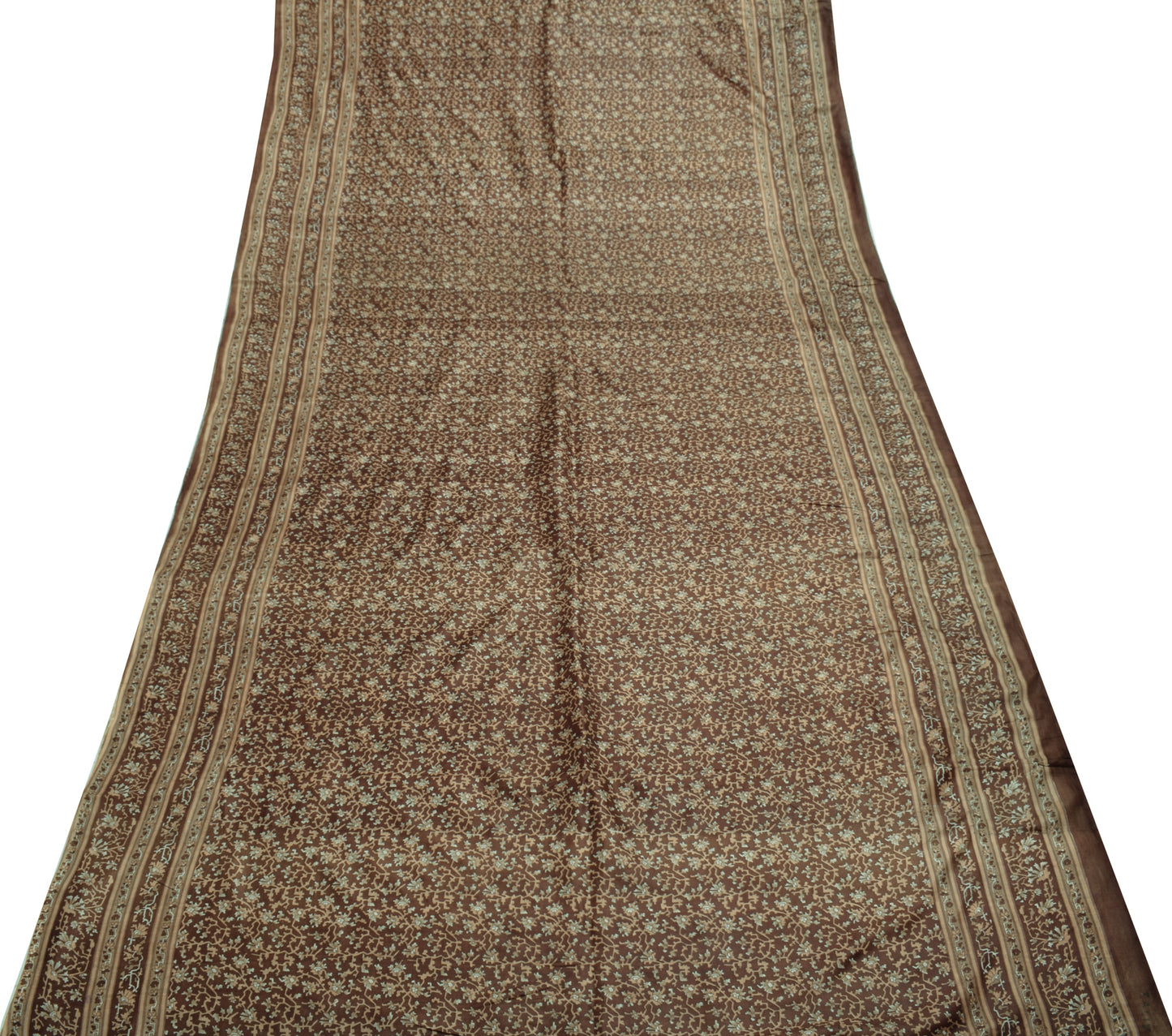 Sushila Vintage Dark Brown Indian Saree 100% Pure Silk Printed 5 YD Craft Fabric
