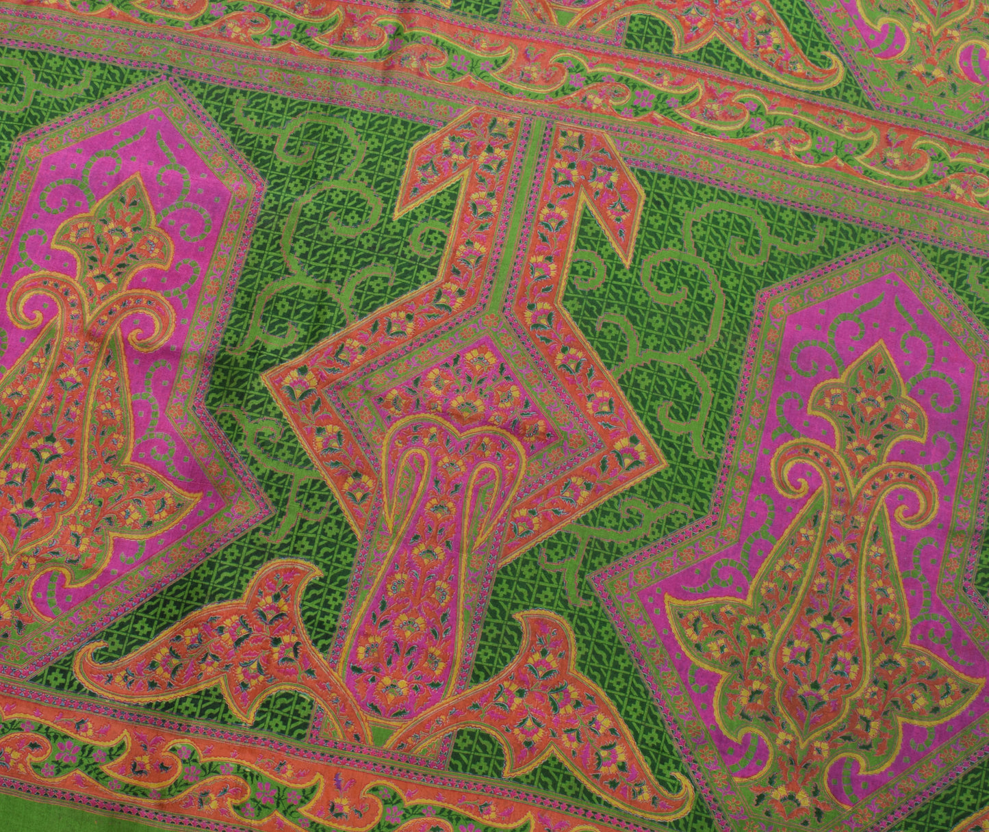 Sushila Vintage Green Saree 100% Pure Silk Printed Floral Soft Craft 5 YD Fabric
